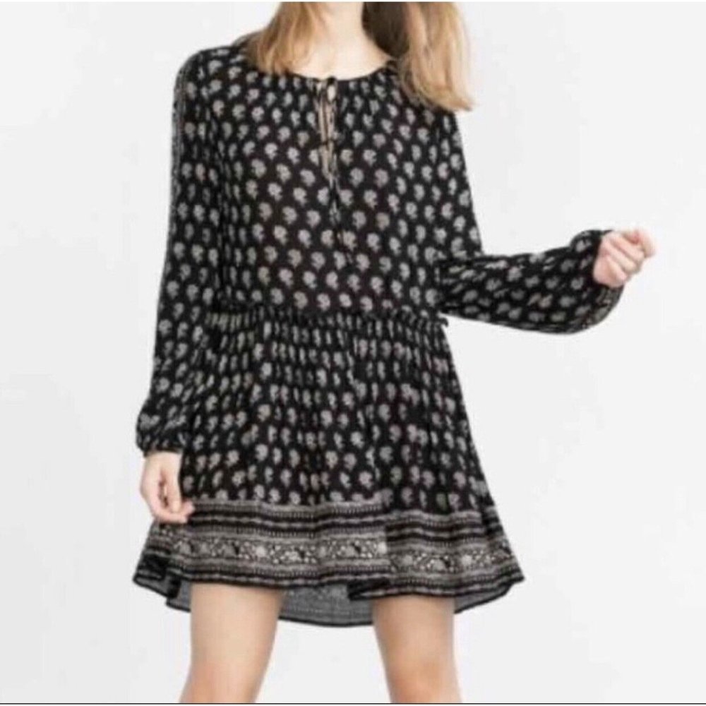 Zara Trafaluc Black Floral Bohemian 70s Button A-line Women's Dress Sz S Sleeves
